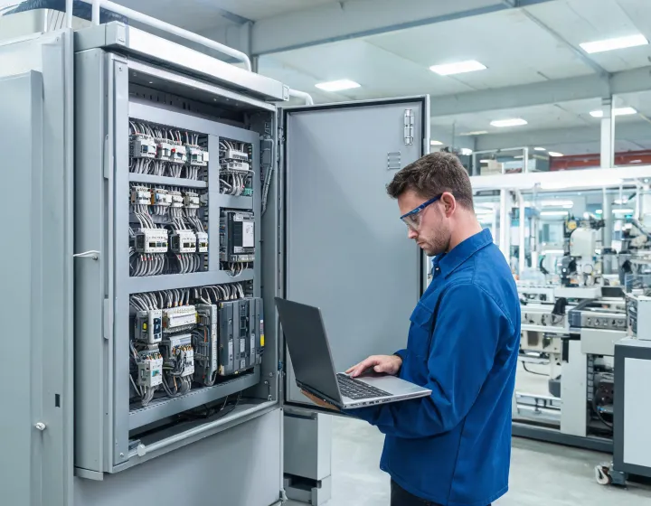 Omron PLC cabinet commissioning beside an automated production cell